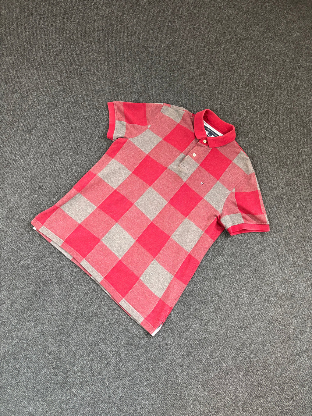 Tommy Hilfiger Poloshirt – Rot/Grau kariert (Größe M, Custom Fit)